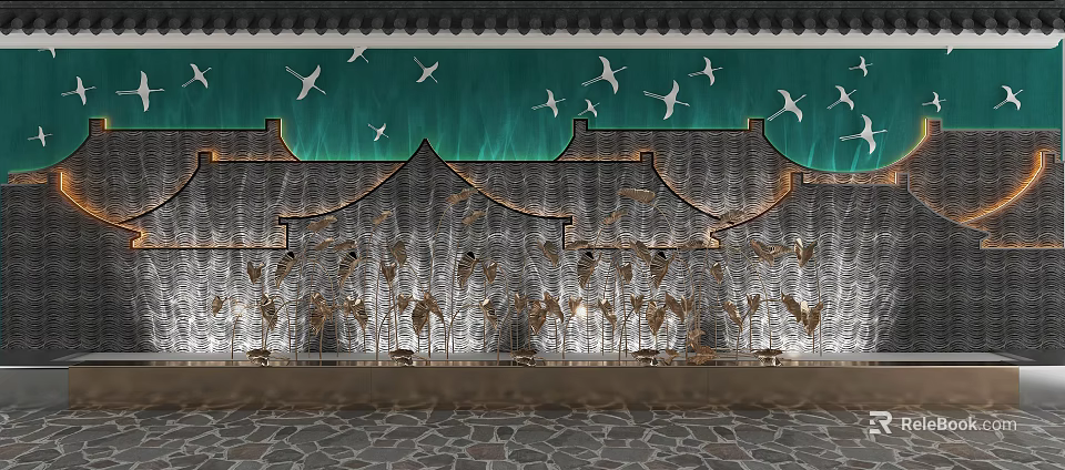 Traditional Chinese Architectural Facade with Green Backdrop Flying Cranes and Eave Details 3d model 