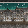 Traditional Chinese Architectural Facade with Green Backdrop Flying Cranes and Eave Details