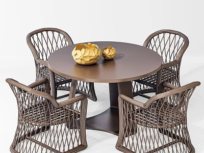Brown Wicker Outdoor Table with Round Top Four Chairs and Gold Decorative Bowls 3d model