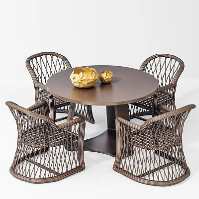 Brown Wicker Outdoor Table with Round Top Four Chairs and Gold Decorative Bowls 3d model