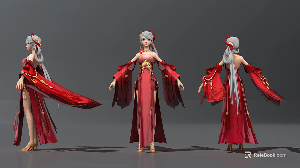 Elegant Female Character Three Angles Red Long Dress White Hair Flowing Design Details 3d model 
