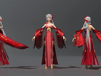 Elegant Female Character Three Angles Red Long Dress White Hair Flowing Design Details 3d model