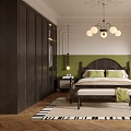 Modern Bedroom Interior Design With Green Walls Dark Wooden Wardrobe Chandelier And Herringbone Flooring