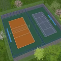 Two Tennis Courts With Orange And Blue Surfaces Surrounded By Green Grass And Trees