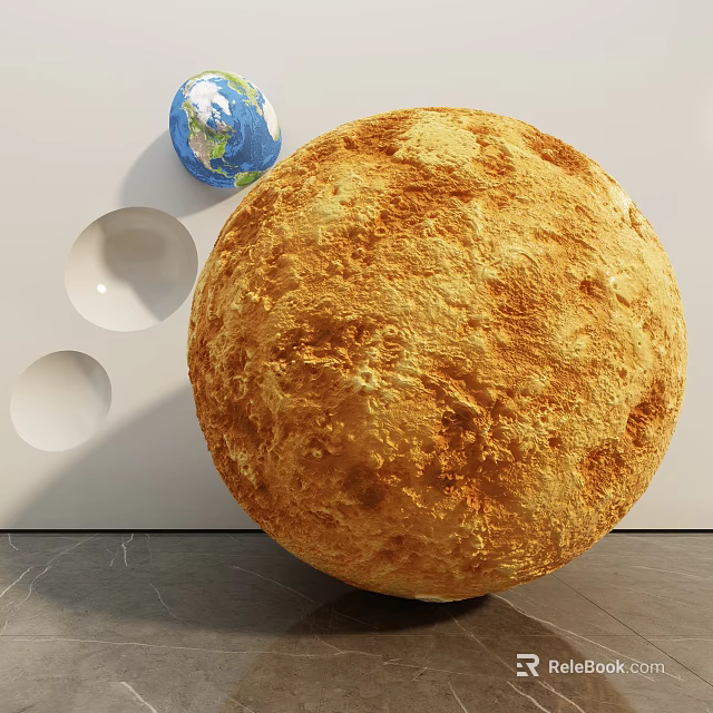 Yellow Textured Planet Display Featuring Blue Globe and White Wall Circular Indents 3d model 