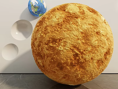 Yellow Textured Planet Display Featuring Blue Globe and White Wall Circular Indents 3d model