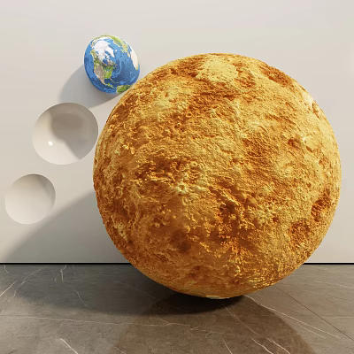 Yellow Textured Planet Display Featuring Blue Globe and White Wall Circular Indents 3d model