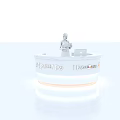 White Curved Reception Desk With DemiHome Sign Human Figure And Illuminated Base