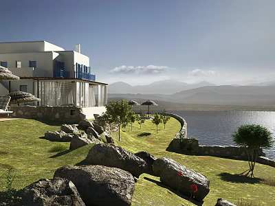 Detached Villa With White Exterior Blue Balcony Lush Green Lawn And Mountain Lake View 3d model