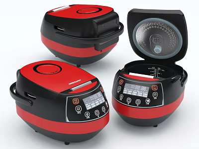 Red And Black Kitchen Rice Cookers With Digital Control Panel And Open Lid Design 3d model