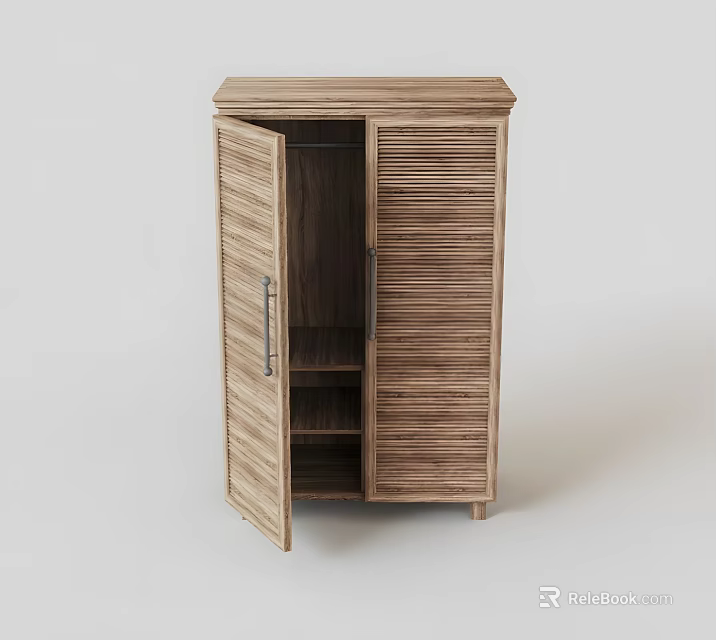 Wooden Wardrobe With Slatted Doors Open Design And Internal Storage Shelves 3d model 