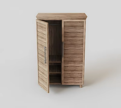 Wooden Wardrobe With Slatted Doors Open Design And Internal Storage Shelves 3d model