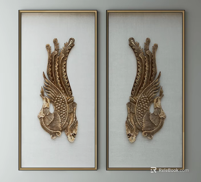 Golden Phoenix Relief Decorations On White Background With Golden Frames 3d model