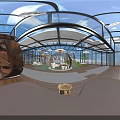 Aerial View of Modern Indoor Space With Glass Roof Hanging Cloud Decorations and Wooden Furniture