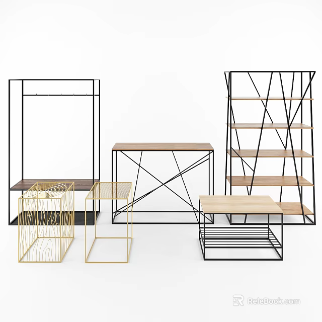 Stylish Modern Shelving Units with Black Gold Frames Wooden Shelves and Multiple Designs 3d model 