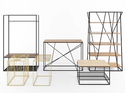 Stylish Modern Shelving Units with Black Gold Frames Wooden Shelves and Multiple Designs 3d model