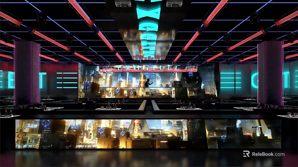 Modern Bar Interior With Neon Lights Bar Counter Seating Area And Lighting Decor 3d model 