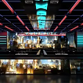 Modern Bar Interior With Neon Lights Bar Counter Seating Area And Lighting Decor