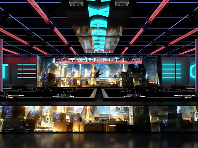 Modern Bar Interior With Neon Lights Bar Counter Seating Area And Lighting Decor 3d model