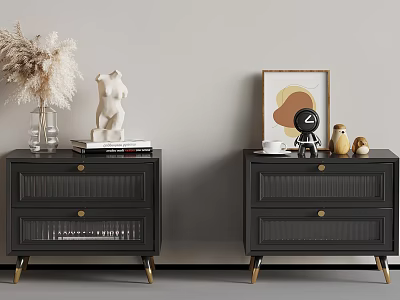 Stylish Black Nightstands With Pampas Grass Sculpture Books Framed Art And Coffee Cup 3d model
