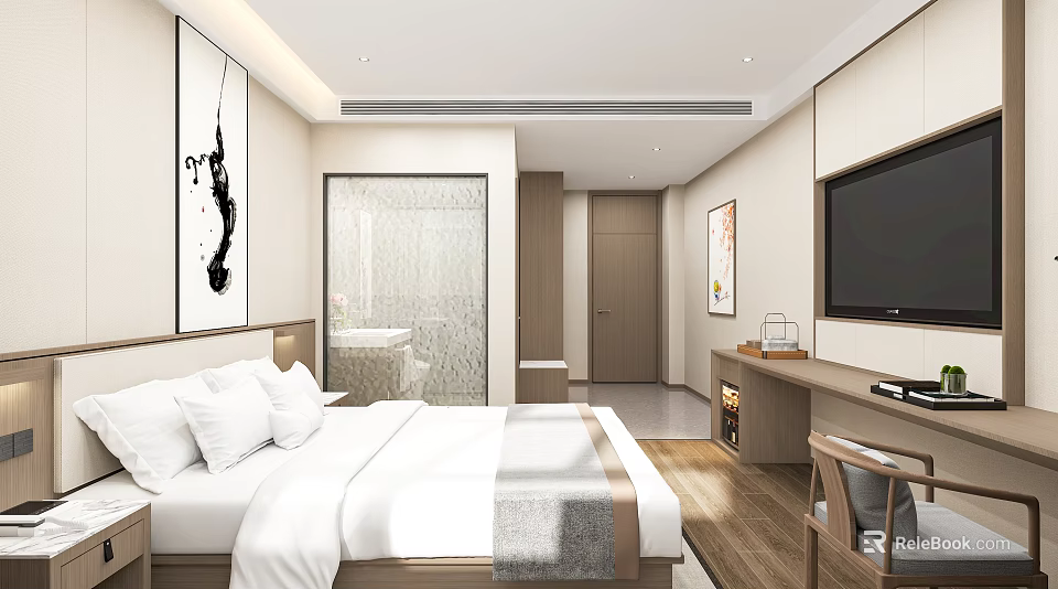 Hotel Room Interior With White Bedding Wooden Flooring TV Desk And Decorative Painting 3d model 