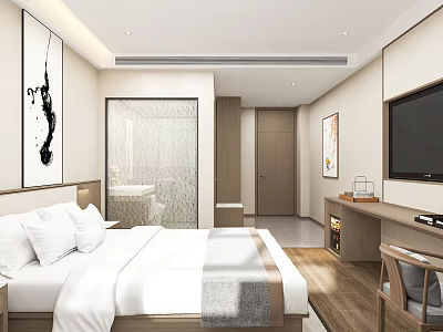 Hotel Room Interior With White Bedding Wooden Flooring TV Desk And Decorative Painting 3d model