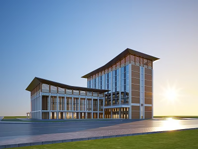 Modern Residential Building With Large Glass Windows Brown White Exterior Grassland Square And Sunset Background 3d model