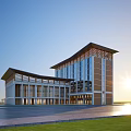 Modern Residential Building With Large Glass Windows Brown White Exterior Grassland Square And Sunset Background