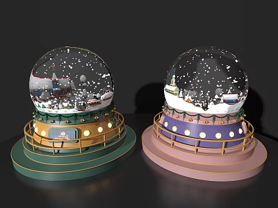 Decorative Ornament Set Of Snow Globes With Colorful Bases Lights And Snow Scenes 3d model