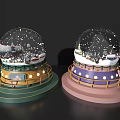 Decorative Ornament Set Of Snow Globes With Colorful Bases Lights And Snow Scenes