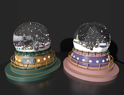 Decorative Ornament Set Of Snow Globes With Colorful Bases Lights And Snow Scenes 3d model