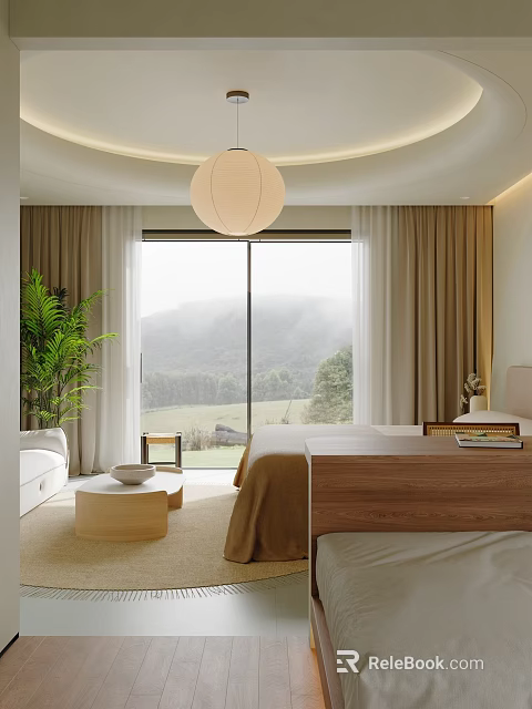Modern Hotel Room with Large Window Mountain View Beige Curtains and Potted Plant 3d model 