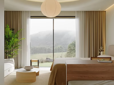 Modern Hotel Room with Large Window Mountain View Beige Curtains and Potted Plant 3d model
