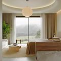 Modern Hotel Room with Large Window Mountain View Beige Curtains and Potted Plant