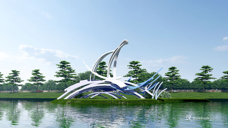 Artistic Modern Spiritual Fortress With Metal Structure By Waterfront Green Grass And Trees 3d model 