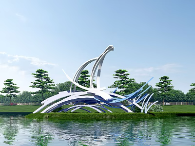 Artistic Modern Spiritual Fortress With Metal Structure By Waterfront Green Grass And Trees 3d model