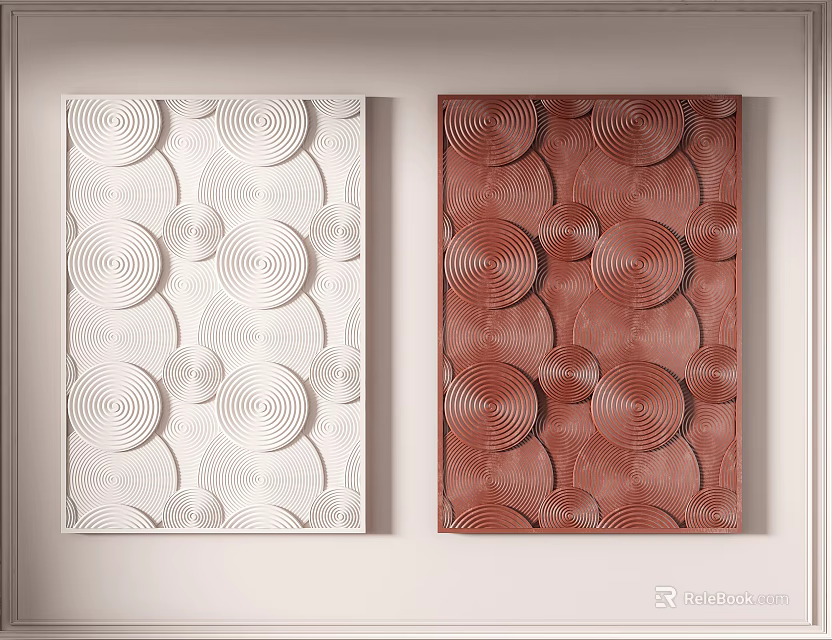 Modern Wall Decor with White and Red Panels Featuring Circular Geometric Patterns 3d model 