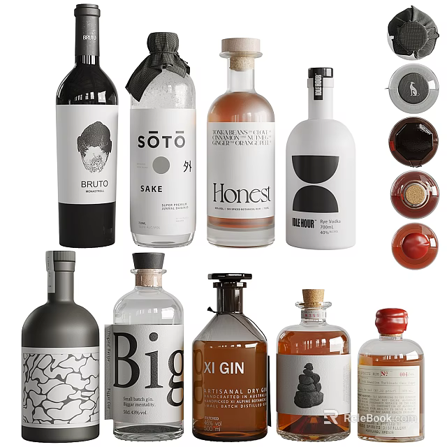 Creative Wine Bottles and Glasses Showcase with Unique Label Designs and Bottle Styles 3d model 