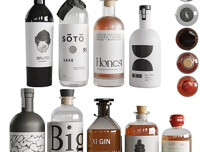 Creative Wine Bottles and Glasses Showcase with Unique Label Designs and Bottle Styles 3d model