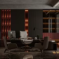 Elegant Modern Office Interior With Dark Background Marble Desk Apple Computer Leather Chairs And Bookshelf
