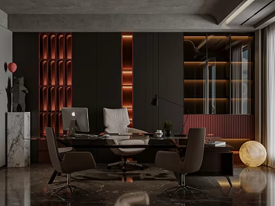 Elegant Modern Office Interior With Dark Background Marble Desk Apple Computer Leather Chairs And Bookshelf 3d model