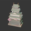 Block Built Japanese Tower Building With Green Roof And Pink Cherry Blossom Decorations