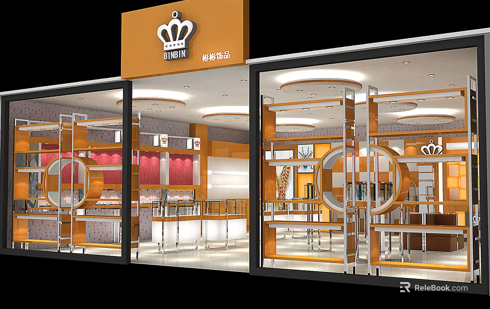 Orange Signage Crown Logo Specialty Store With Glass Doors Bright Lighting And Interior Display Counters 3d model 