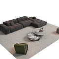 Modern L Shaped Sofa and Coffee Table Set with Round Patterned Top on Textured Rug 3d model