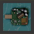 Outdoor Camping Commercial Equipment Display Model With Wooden Cabin Bridge Bonfire And Green Plants