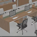 Modern Office Desk And Chair Set With Bookshelves And Computer Workstations In Workspace