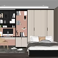 Modern Tatami Bedroom Interior with Bookshelves Desk Wardrobe and Green Plant