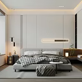 Modern Bedroom Interior Design With White Walls Strip Light And Double Bed With Plaid Blanket