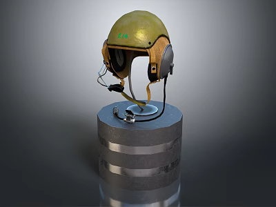 Yellow Safety Helmet with Headphones and Microphone on Metal Cylindrical Base 3d model