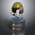 Yellow Safety Helmet with Headphones and Microphone on Metal Cylindrical Base